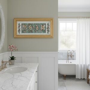 Framed Vintage-Style 'BATH' Wall Art in Gold and Teal(have spot , see photos).